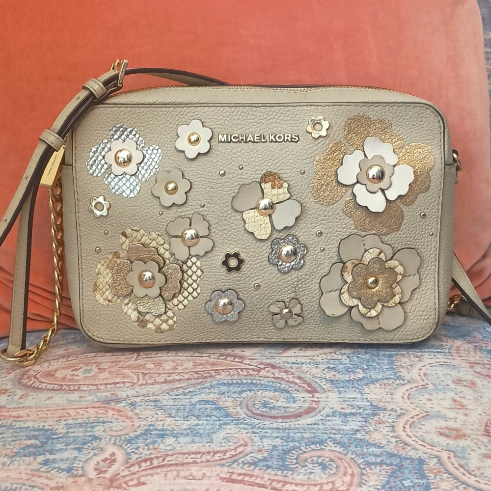 Michael Kors Jet Set Floral Embellished Leather Crossbody Bag